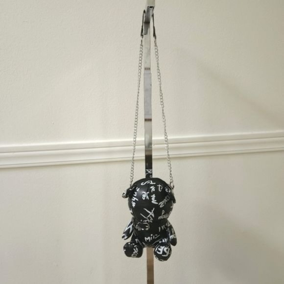 Letter Print Bear Doll Shape Shoulder Bag, Zipper FauxLeather Buckled Chain Cr - Picture 6 of 13